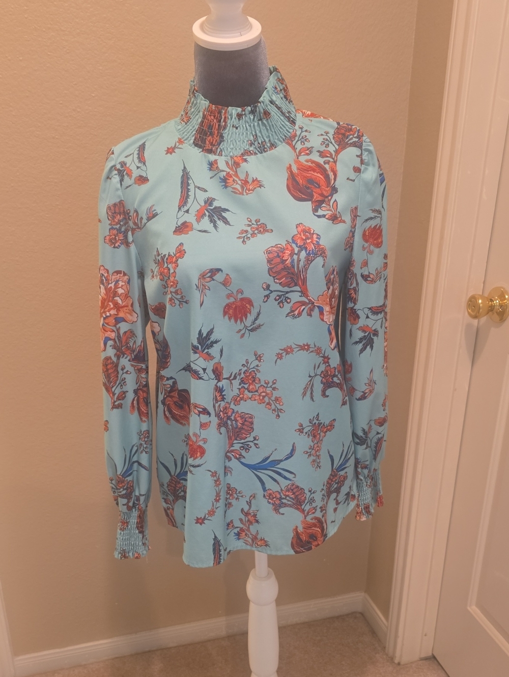 VENUS Aqua Floral Smocked Neck Blouse